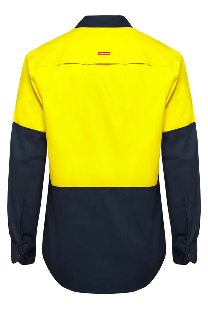 2 x Hard Yakka Basic 2 Tone Long Sleeve Vented Drill Shirt Yellow Navy