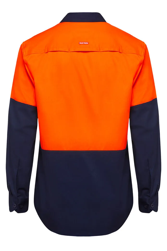 3 x Hard Yakka Basic 2 Tone Long Sleeve Vented Drill Shirt Orange Navy