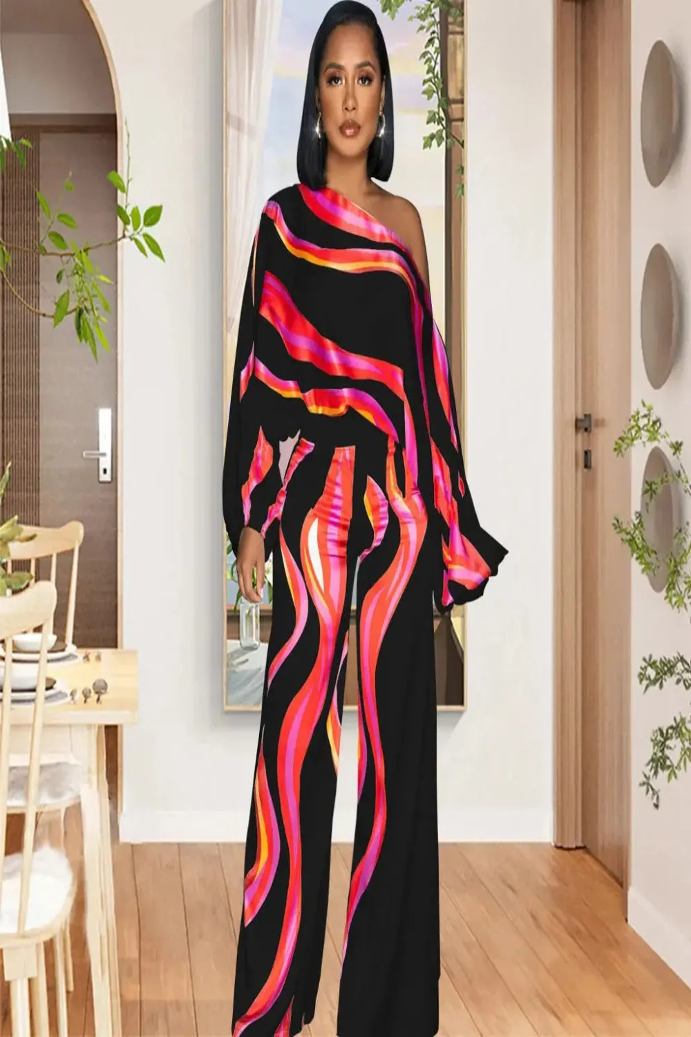 Abstract Print Diagonal Collar Wide Leg Jumpsuit