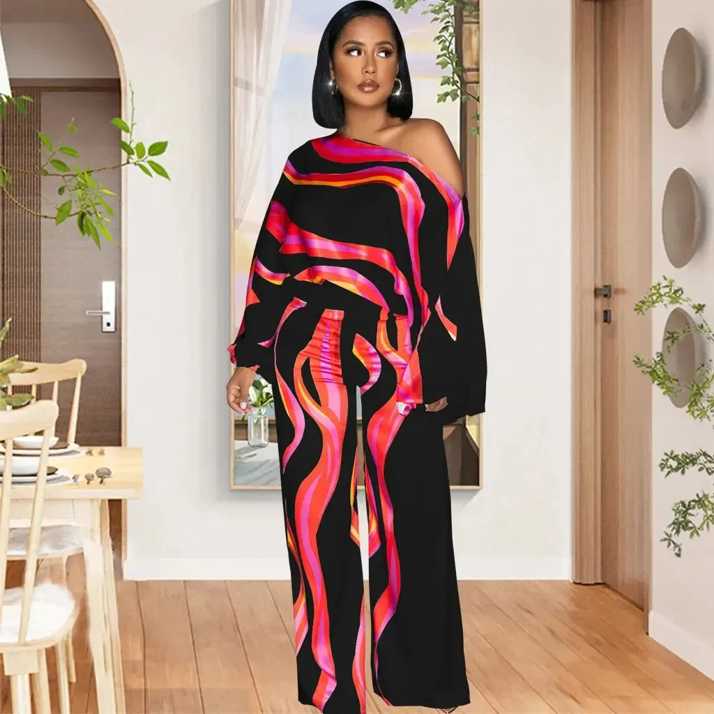 Abstract Print Diagonal Collar Wide Leg Jumpsuit