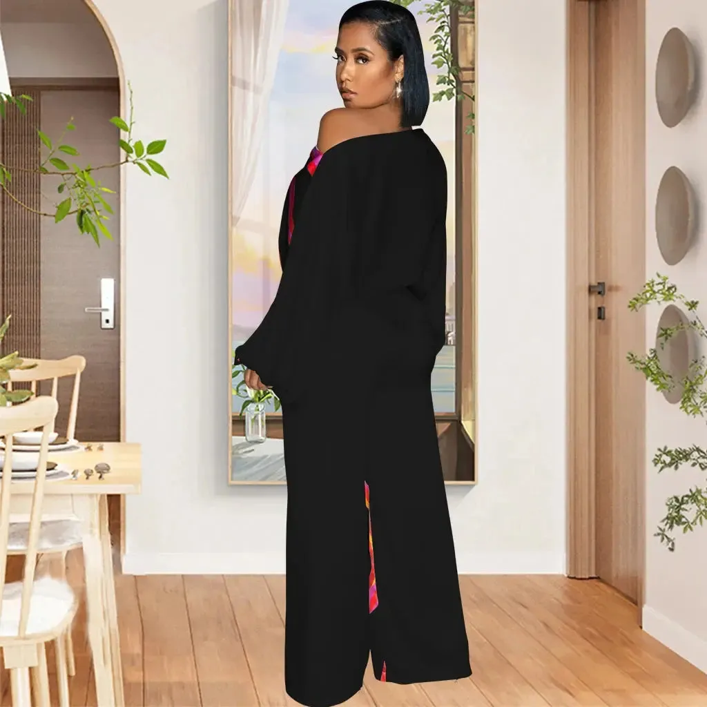 Abstract Print Diagonal Collar Wide Leg Jumpsuit