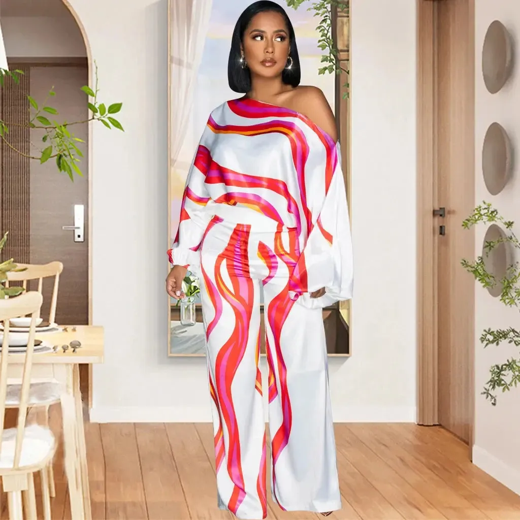 Abstract Print Diagonal Collar Wide Leg Jumpsuit