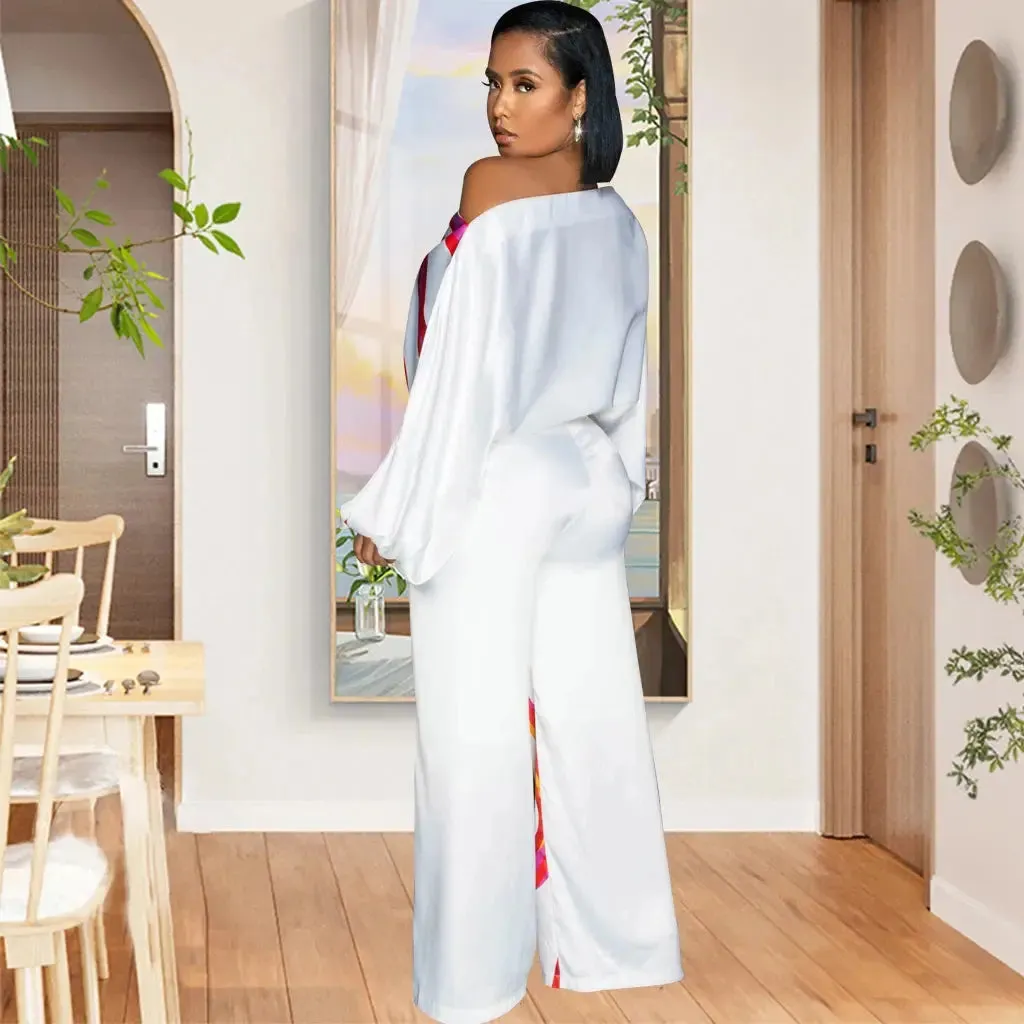 Abstract Print Diagonal Collar Wide Leg Jumpsuit