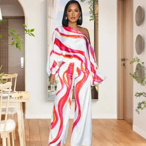 Abstract Print Diagonal Collar Wide Leg Jumpsuit