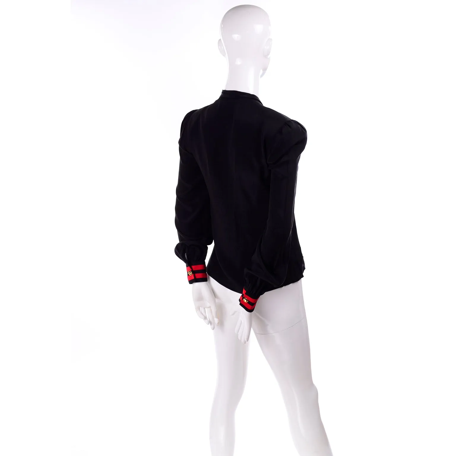 Adolfo Vintage Black Silk Blouse w Red Stripes & Gold Buttons