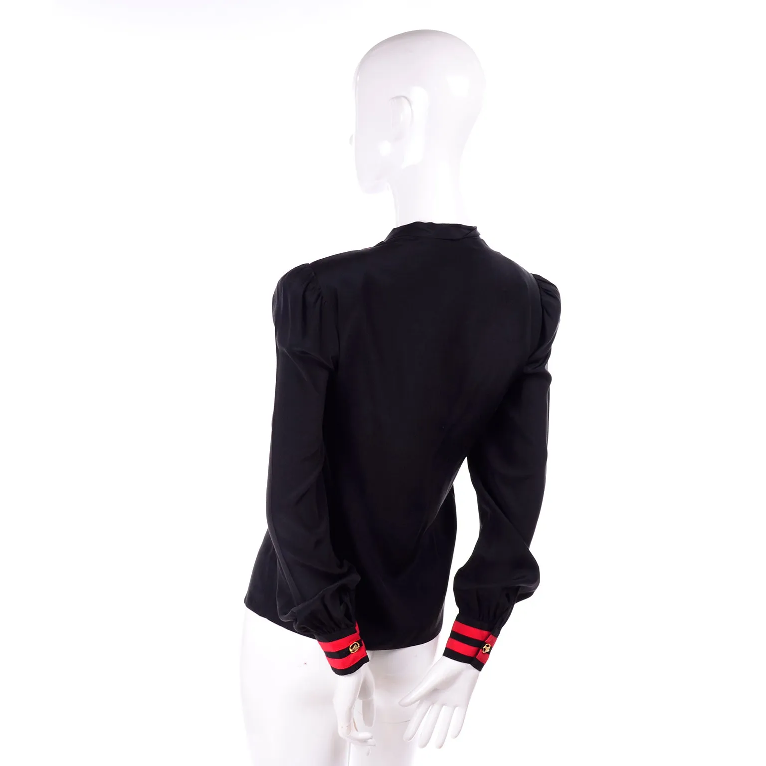 Adolfo Vintage Black Silk Blouse w Red Stripes & Gold Buttons