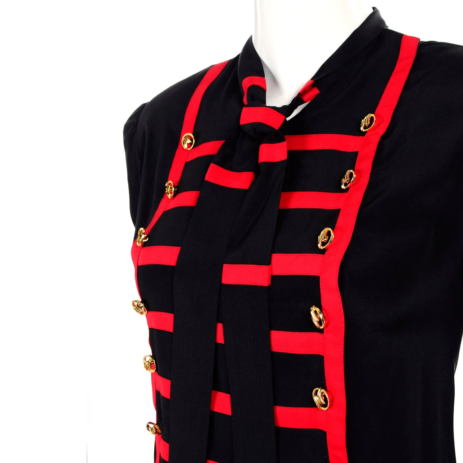 Adolfo Vintage Black Silk Blouse w Red Stripes & Gold Buttons