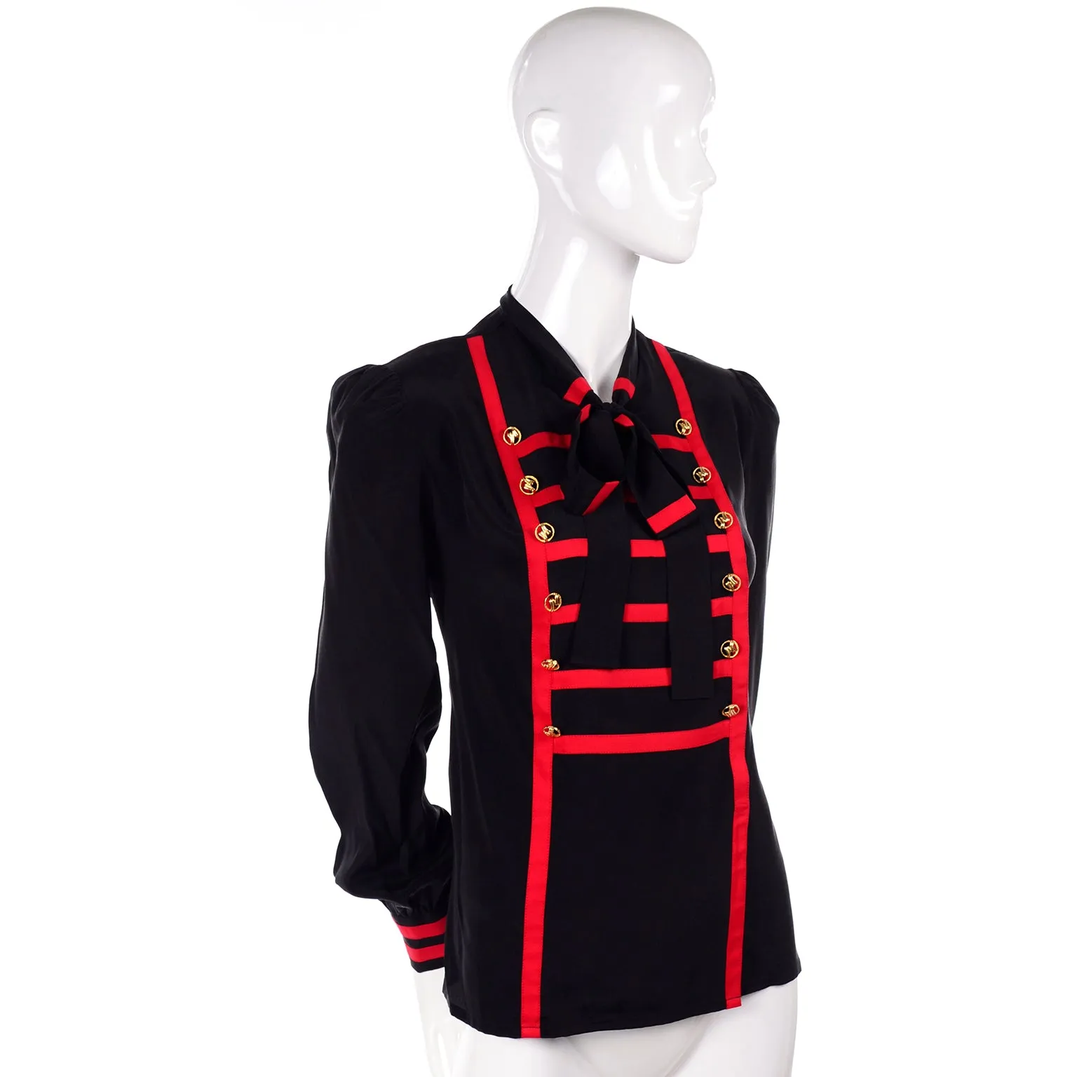 Adolfo Vintage Black Silk Blouse w Red Stripes & Gold Buttons