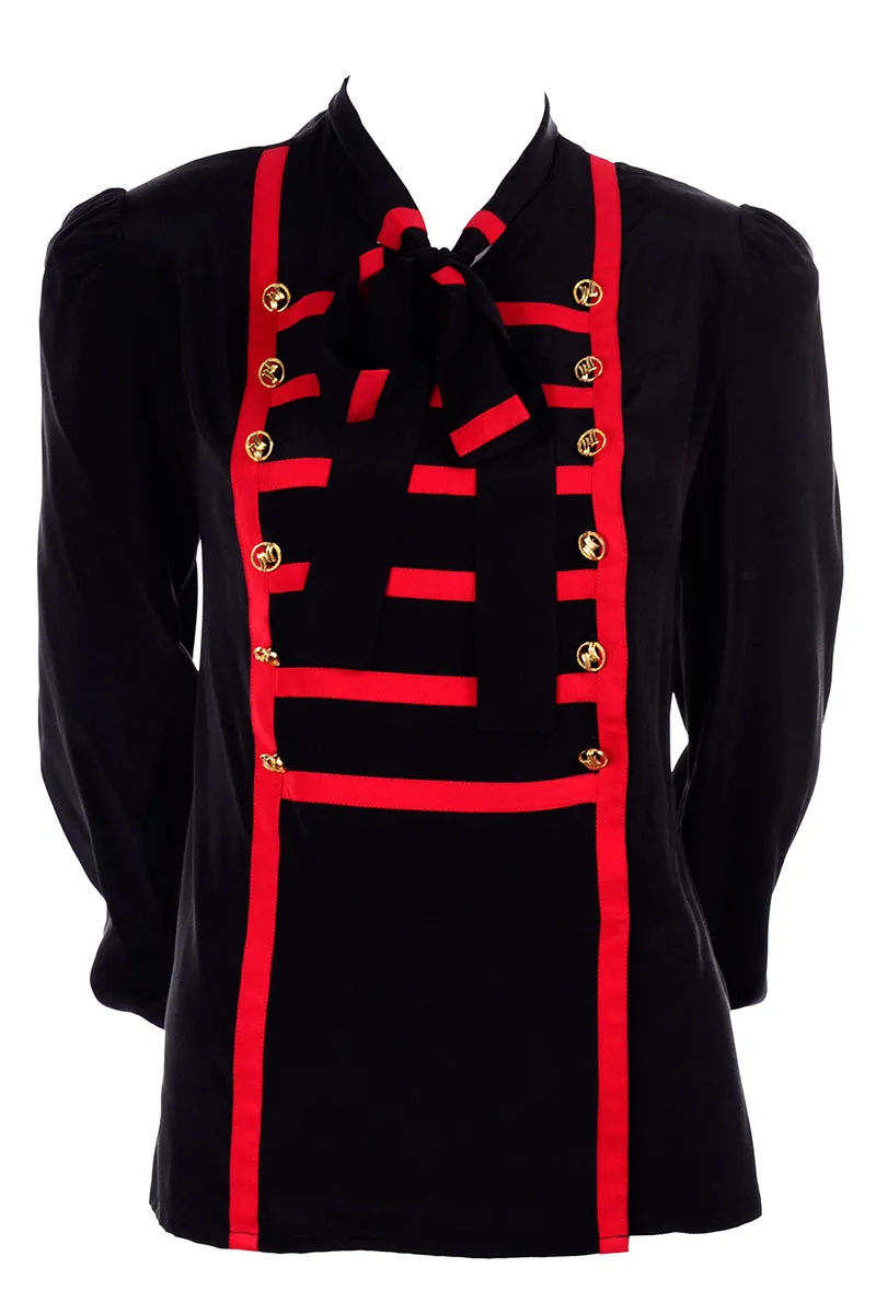 Adolfo Vintage Black Silk Blouse w Red Stripes & Gold Buttons