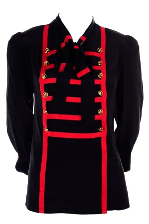 Adolfo Vintage Black Silk Blouse w Red Stripes & Gold Buttons