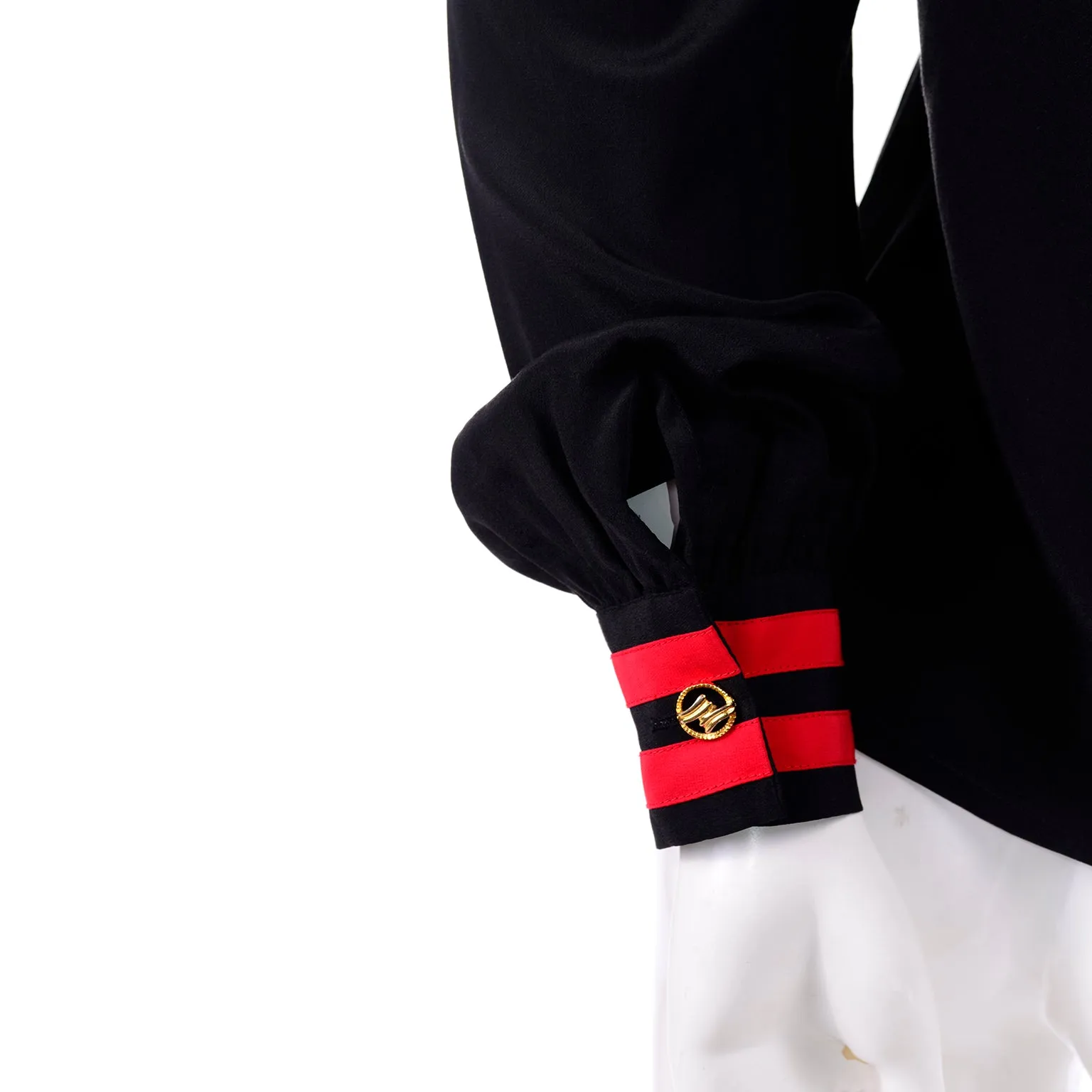 Adolfo Vintage Black Silk Blouse w Red Stripes & Gold Buttons