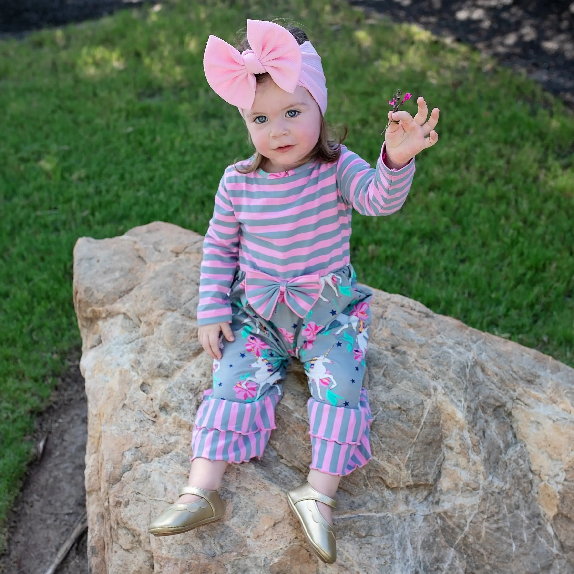 AnnLoren Baby Girls Boutique Unicorns & Rainbows Romper One Piece Soft Cotton sz 6M-24M