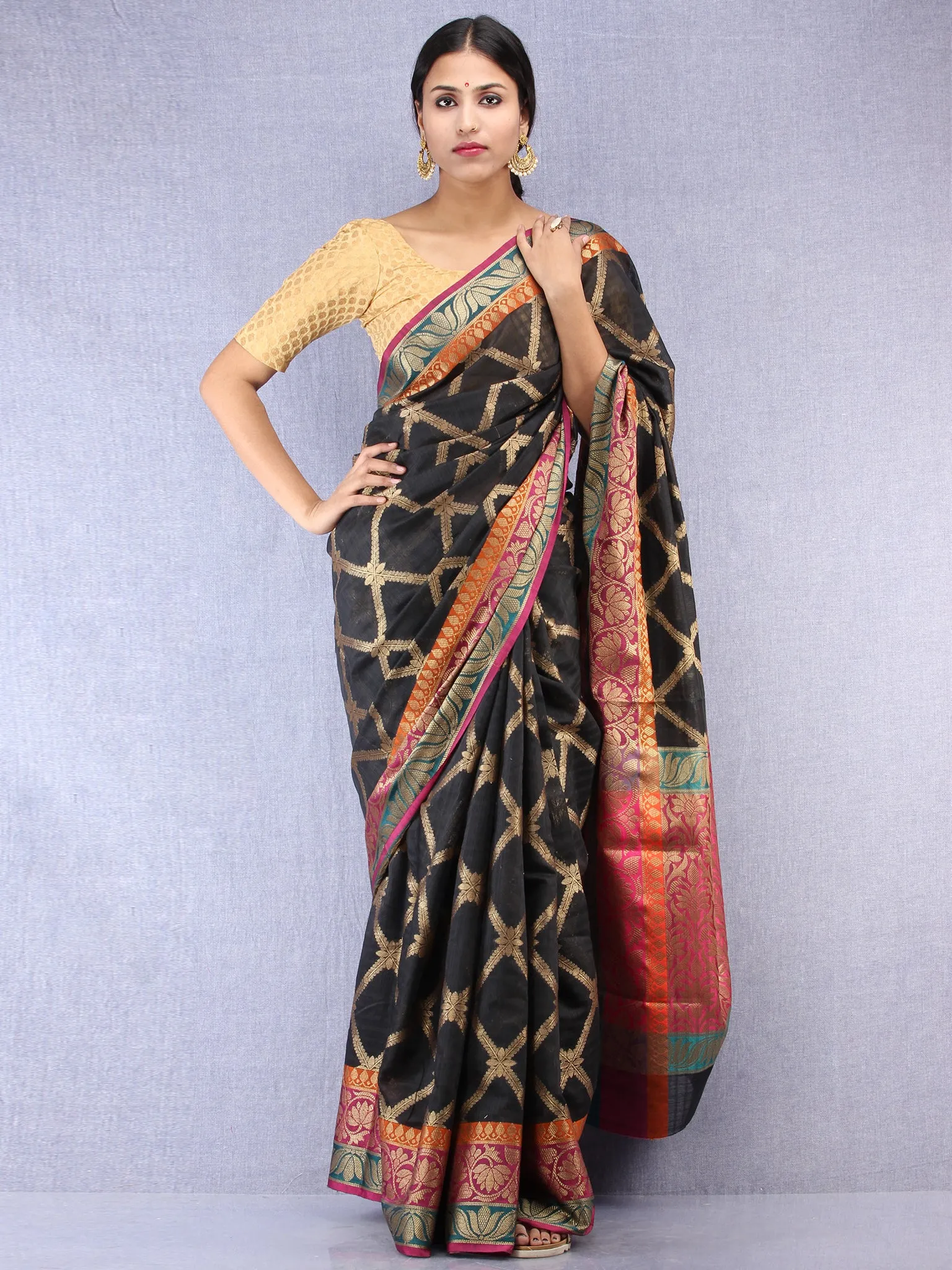 Banarasee Cotton Silk Saree With Zari Work - Black Pink & Antique Gold - S031704430