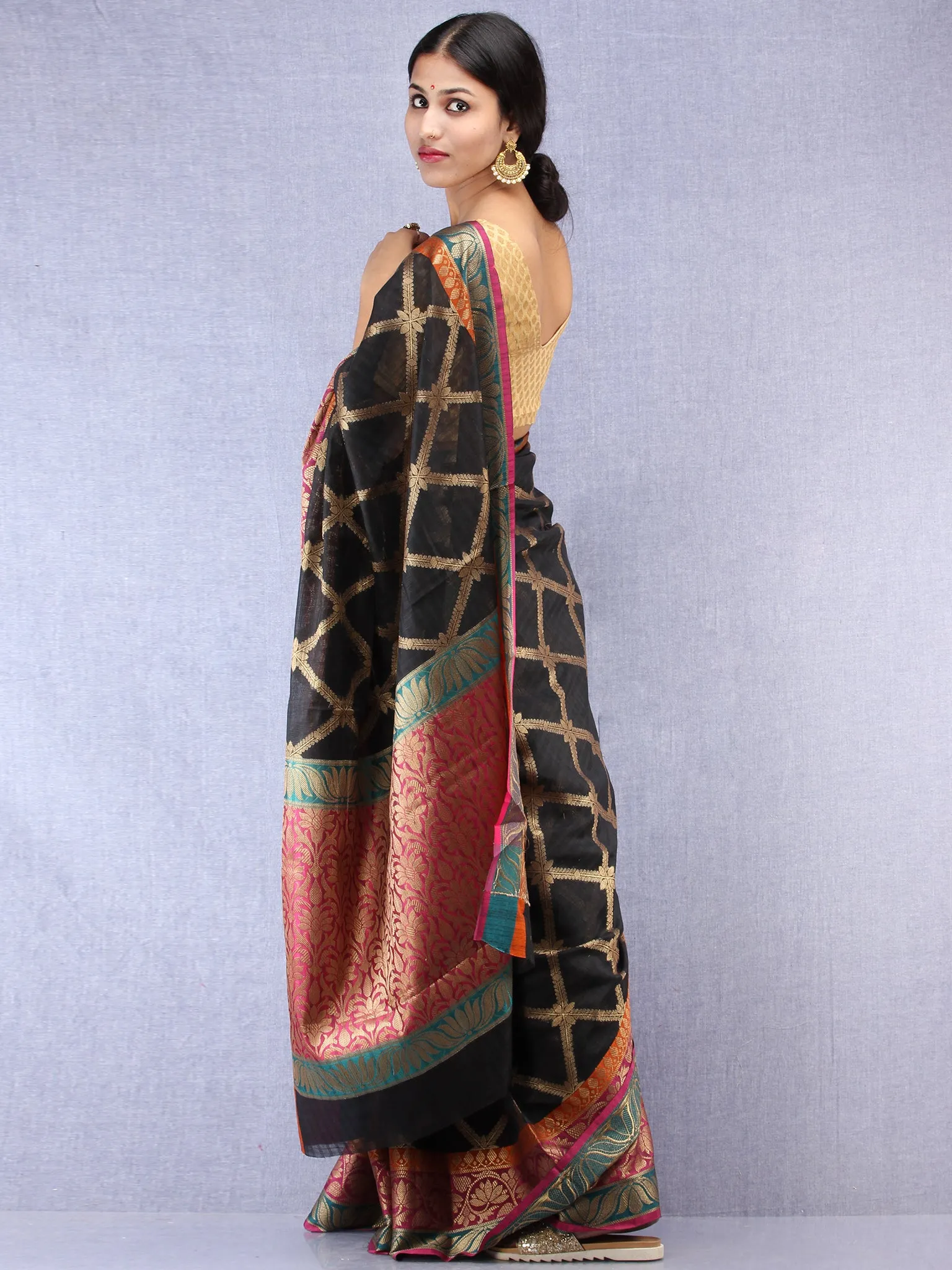 Banarasee Cotton Silk Saree With Zari Work - Black Pink & Antique Gold - S031704430