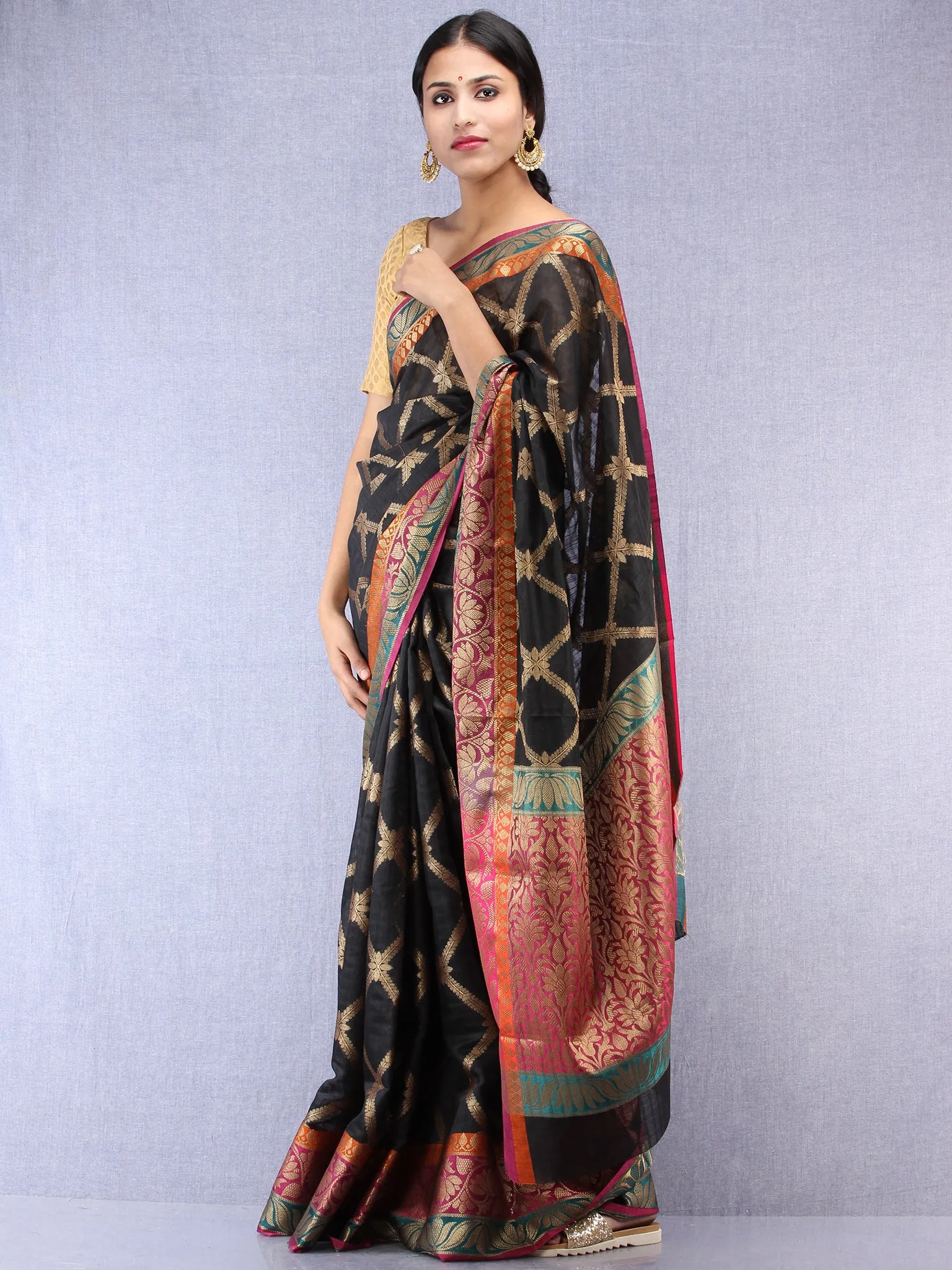 Banarasee Cotton Silk Saree With Zari Work - Black Pink & Antique Gold - S031704430