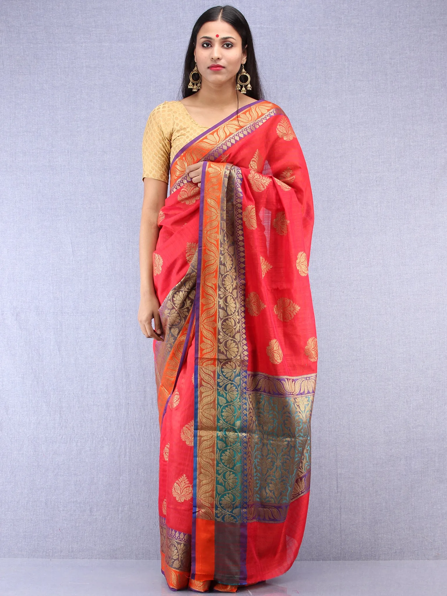 Banarasee Cotton Silk Saree With Zari Work - Coral Red Gold & Purple - S031704406