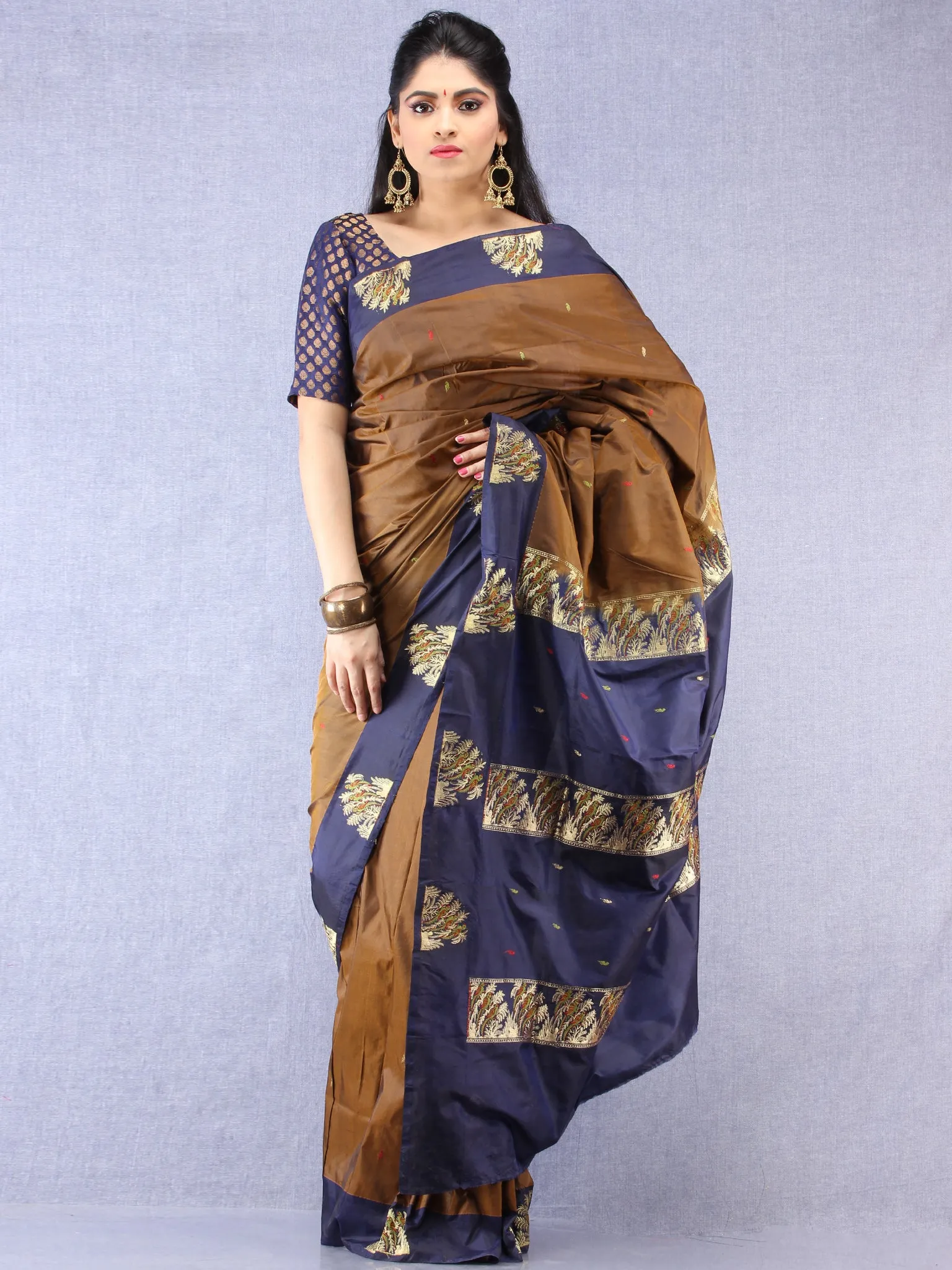 Banarasee Katan Silk Saree With Zari Work - Brown Blue Gold Green - S031704321
