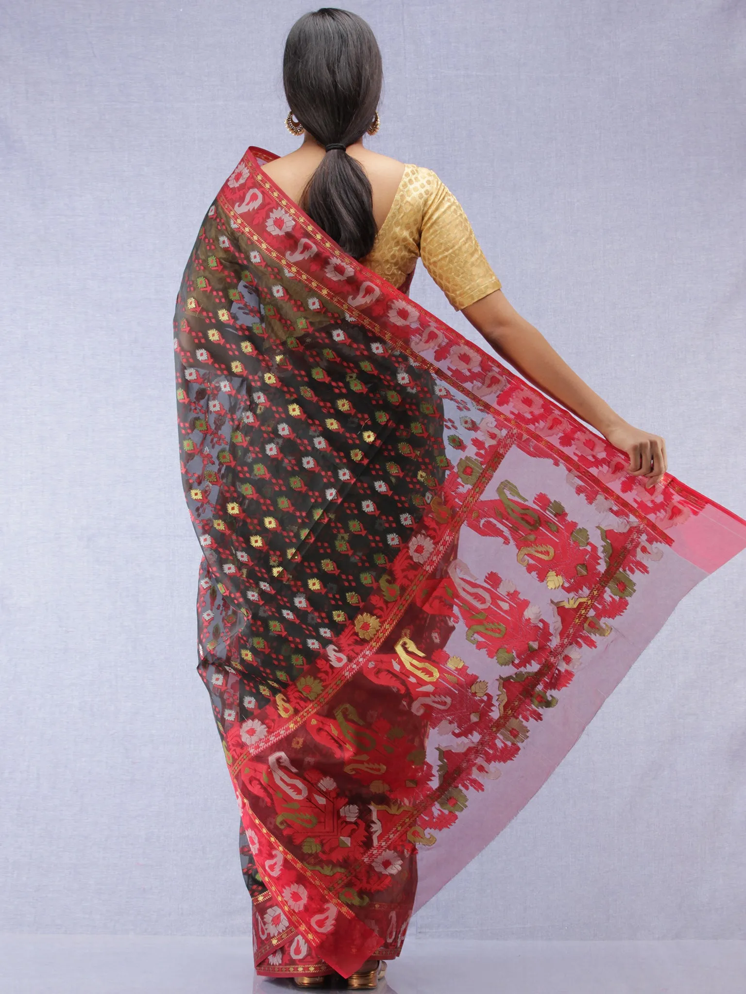 Banarasee Organza Saree With Zari & Resham Work - Black Red & Gold - S031704315