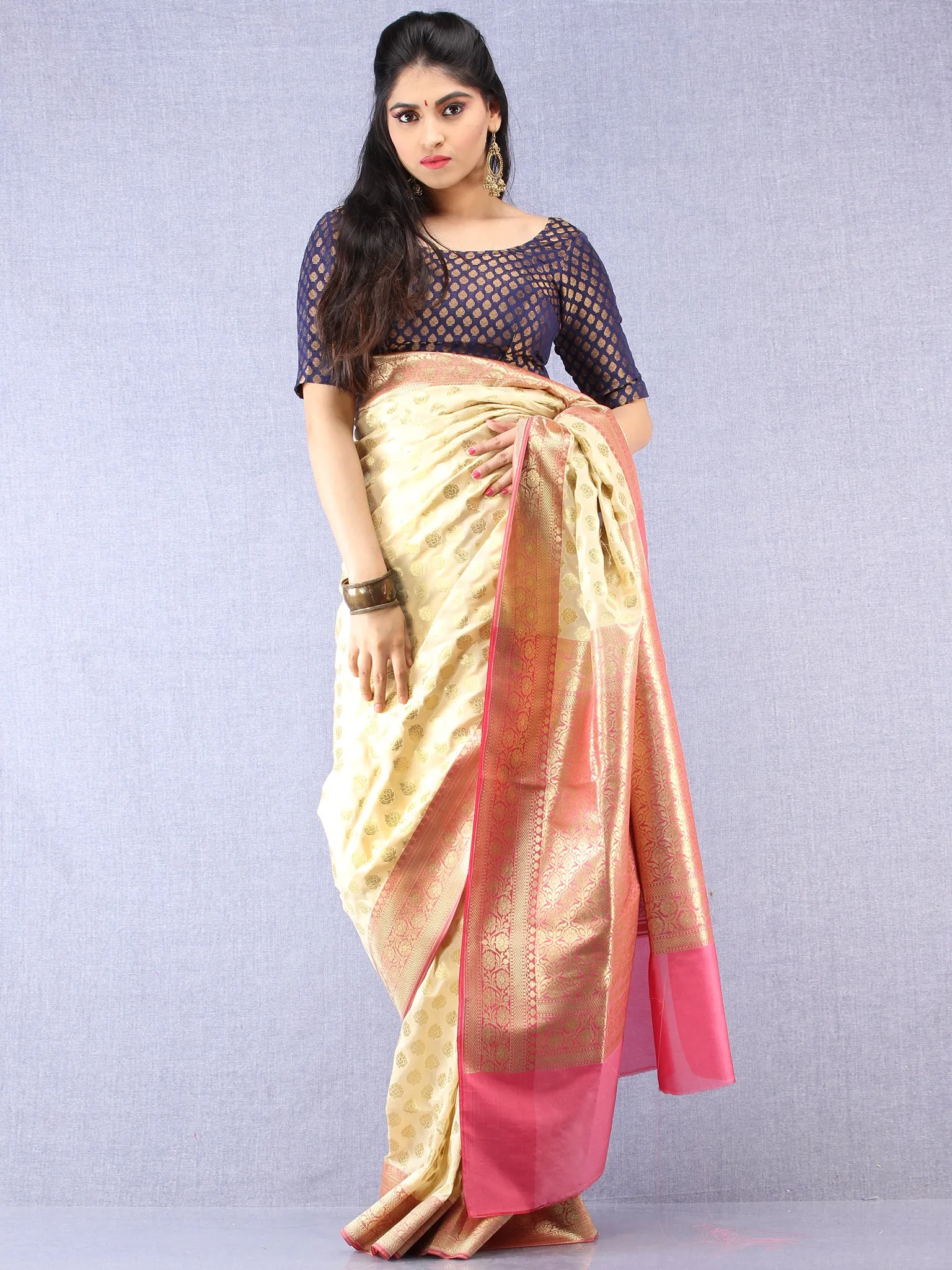 Banarasee Semi Silk Saree With Zari Border - Off White Pink & Gold  - S031704346