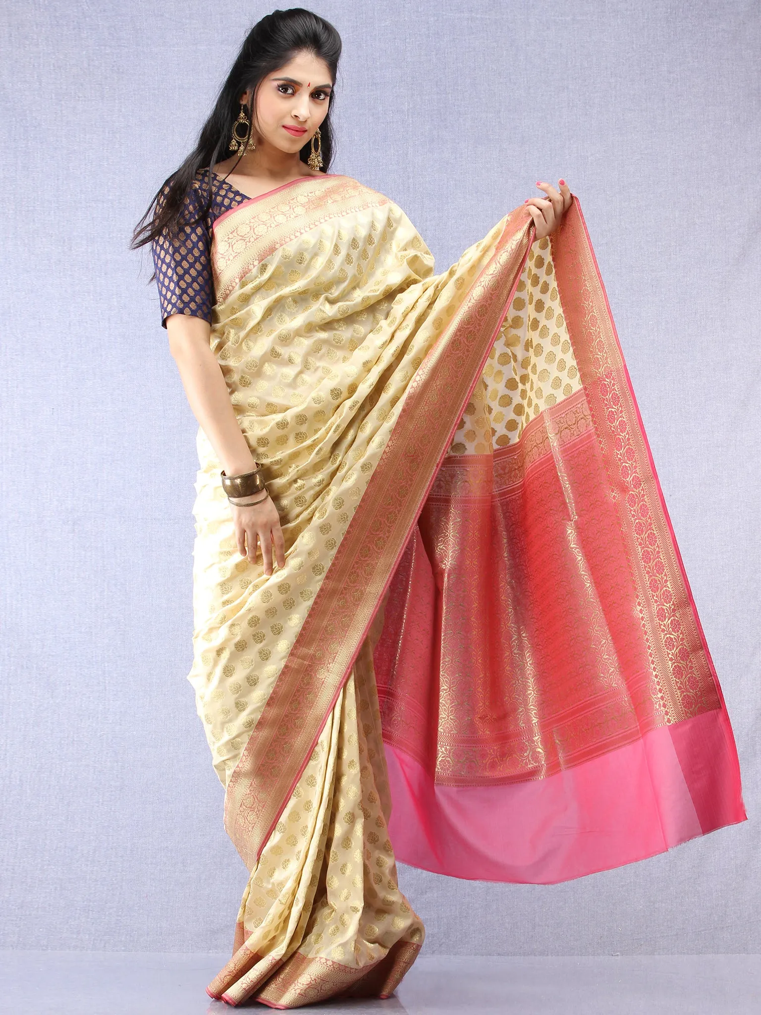 Banarasee Semi Silk Saree With Zari Border - Off White Pink & Gold  - S031704346