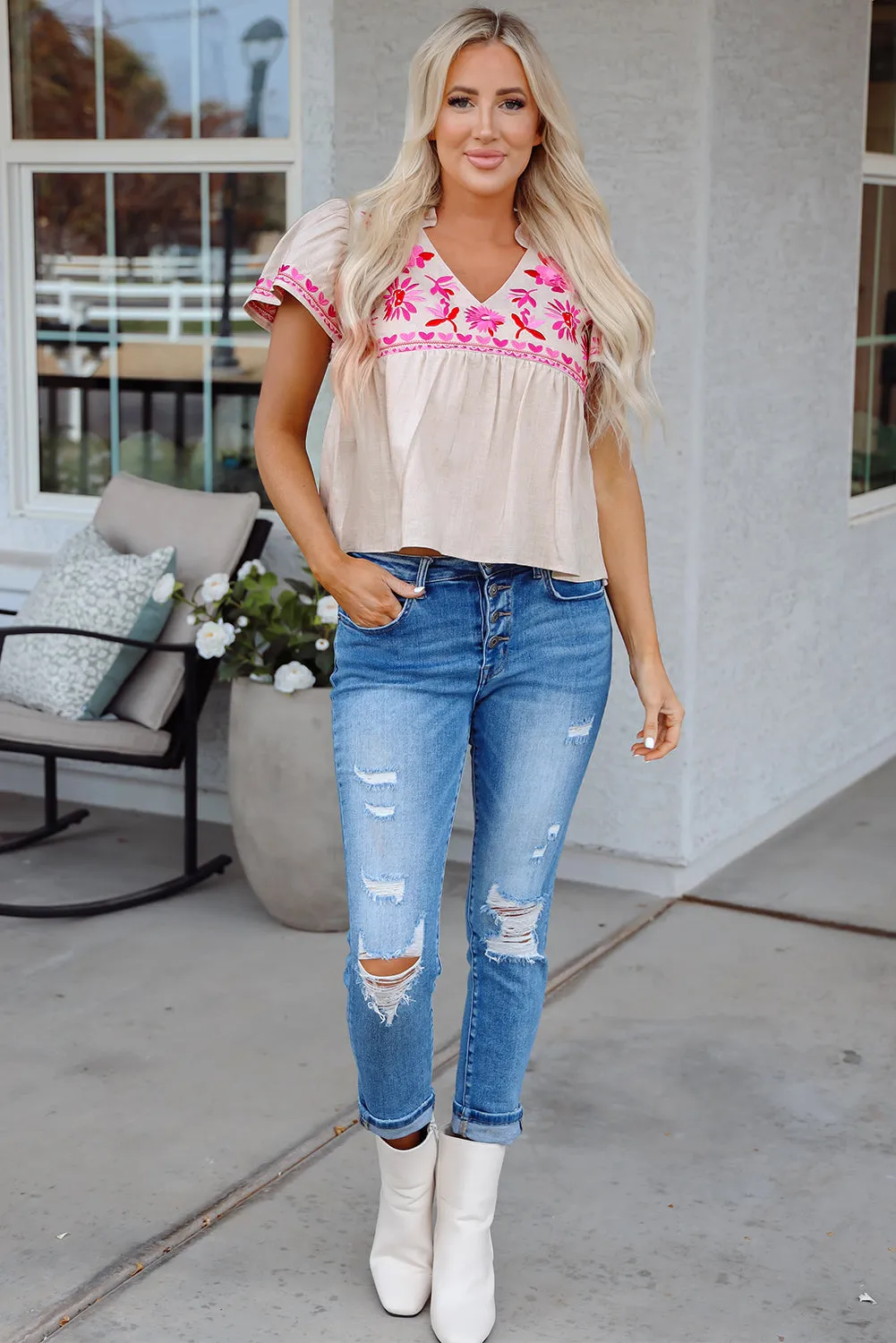Beige Floral Embroidered Short Sleeve Notched V Neck Blouse
