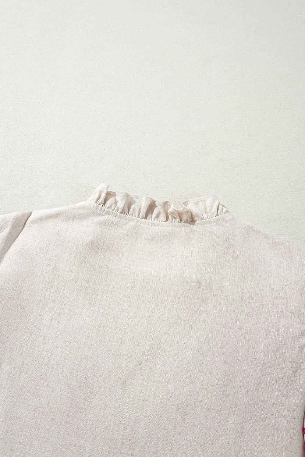 Beige Floral Embroidered Short Sleeve Notched V Neck Blouse