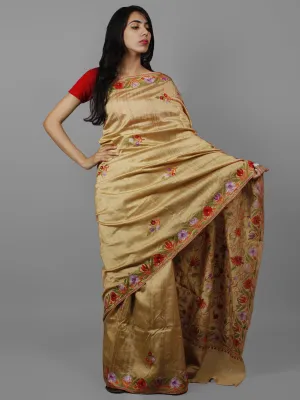 Beige Red Lavender Green Aari Embroidered Bhagalpuri Silk Saree From Kashmir  - S031702149