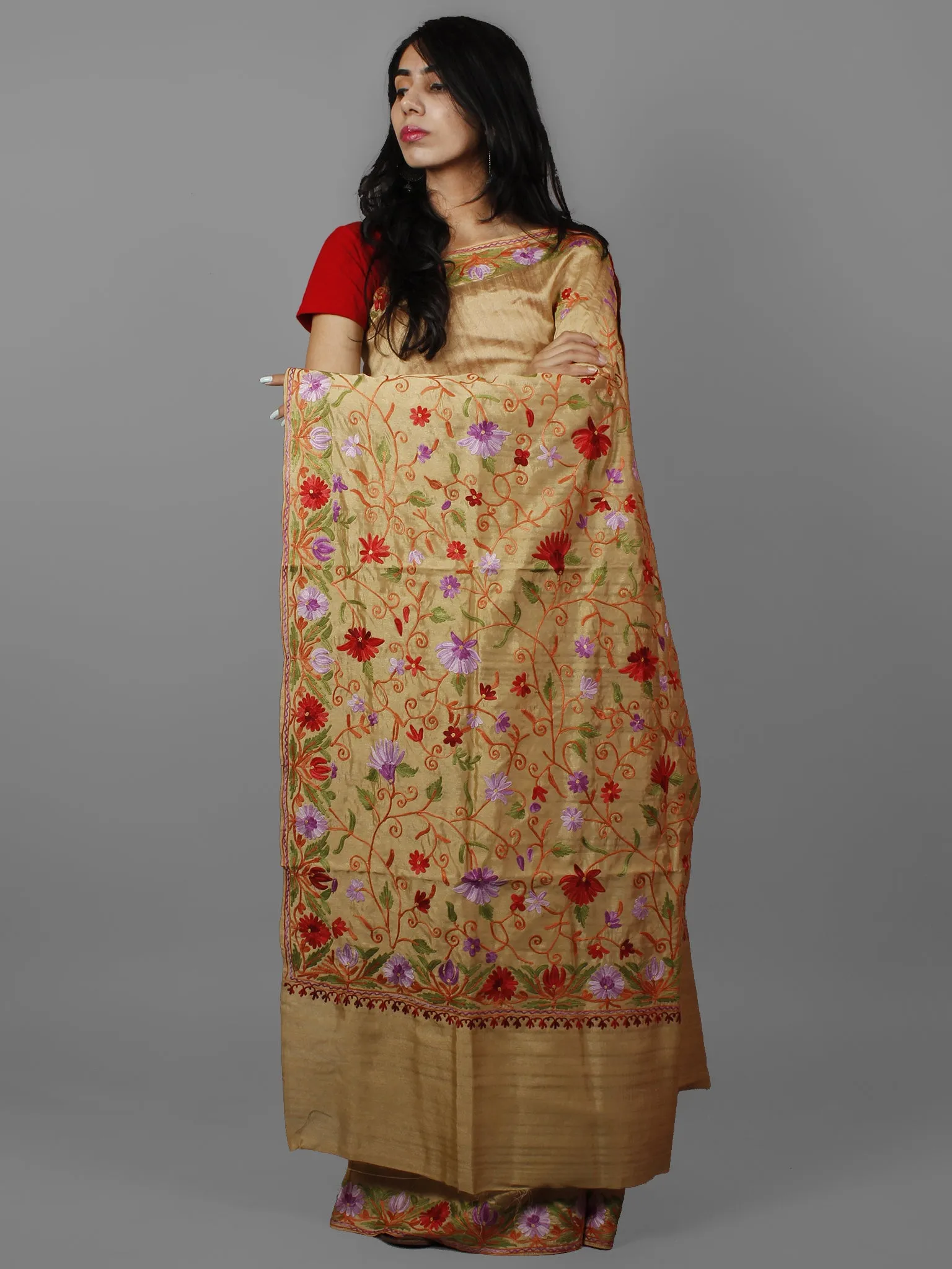 Beige Red Lavender Green Aari Embroidered Bhagalpuri Silk Saree From Kashmir  - S031702149