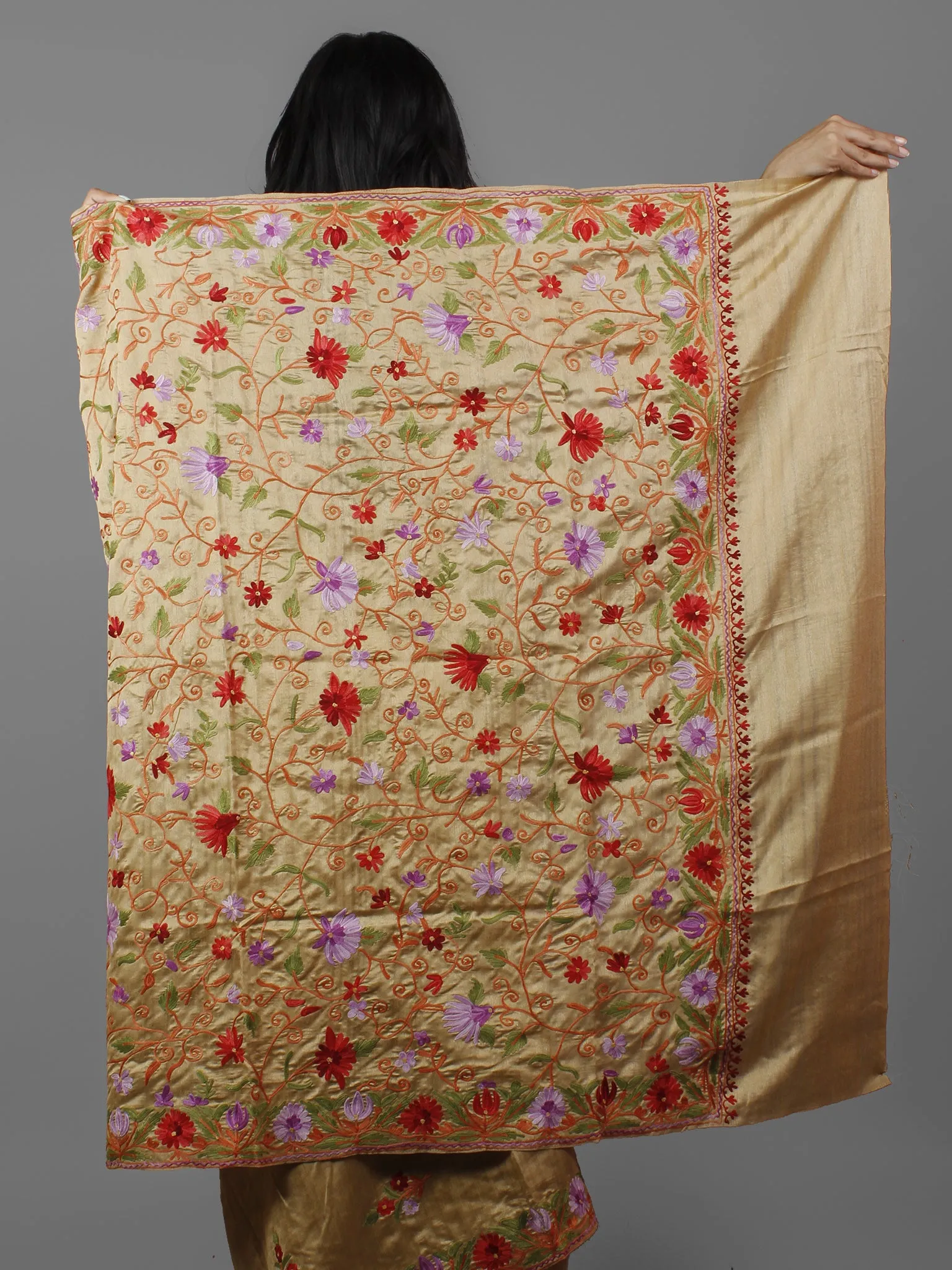 Beige Red Lavender Green Aari Embroidered Bhagalpuri Silk Saree From Kashmir  - S031702149