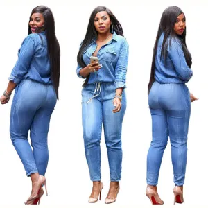 Belt V-Neck Leisure Denim Jean Bodysuit Women Deporte Suits Bandage Playsuits Casual Fashion Rompers Womens Jumpsuit