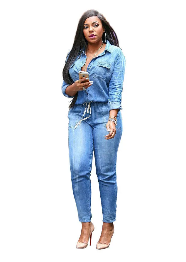 Belt V-Neck Leisure Denim Jean Bodysuit Women Deporte Suits Bandage Playsuits Casual Fashion Rompers Womens Jumpsuit