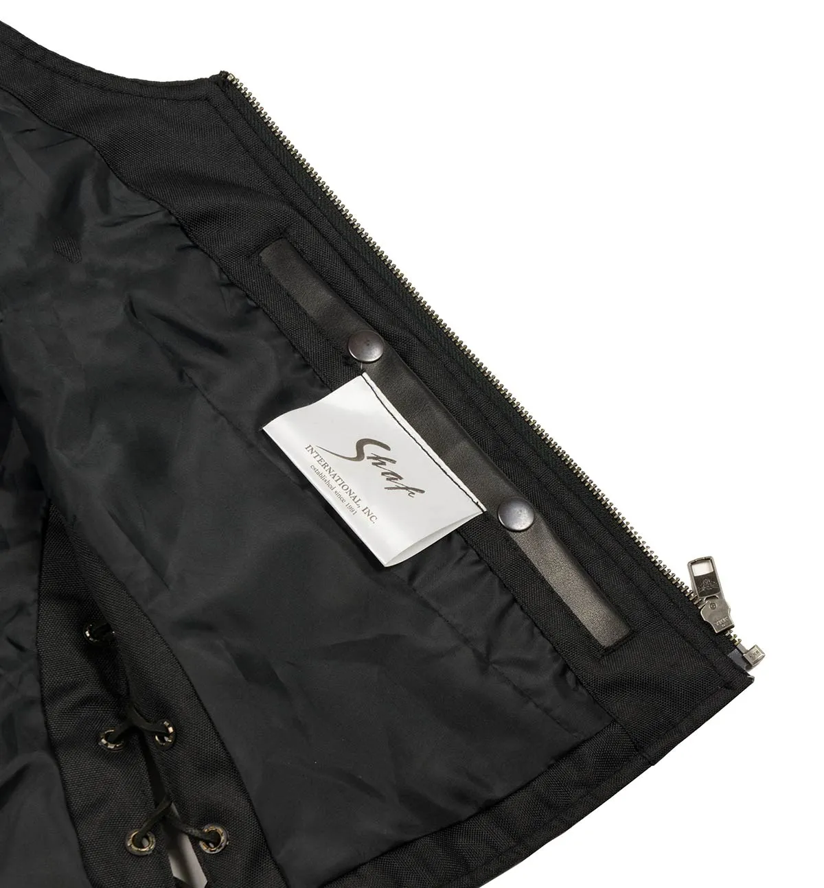 Black MLL4531 Women's Black Leather Open V-Neck Side Lace Stitching Detail Motorcycle Rider Vest