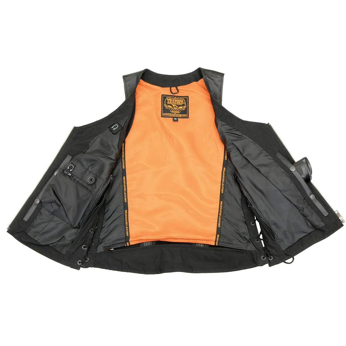 Black MLL4531 Women's Black Leather Open V-Neck Side Lace Stitching Detail Motorcycle Rider Vest