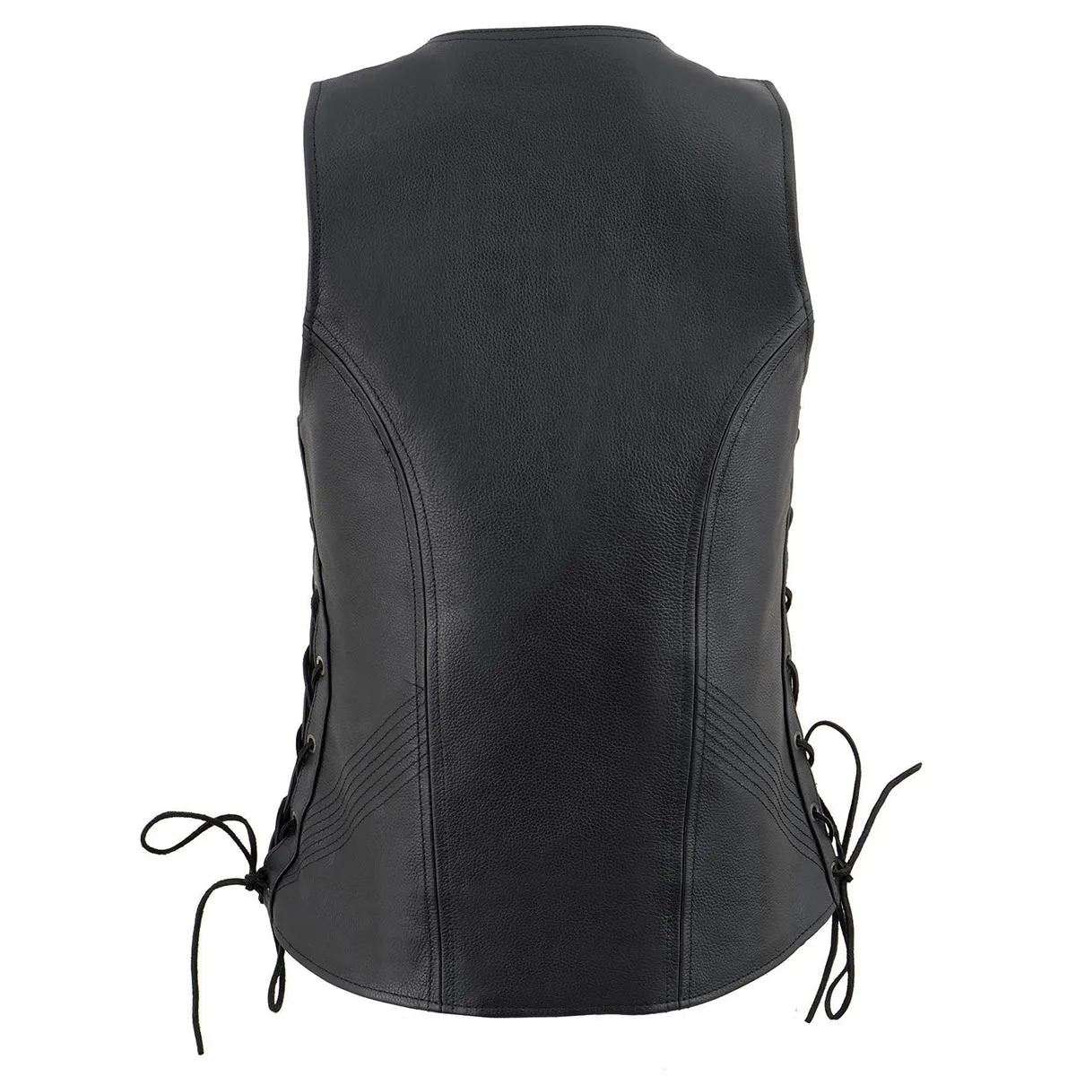 Black MLL4531 Women's Black Leather Open V-Neck Side Lace Stitching Detail Motorcycle Rider Vest