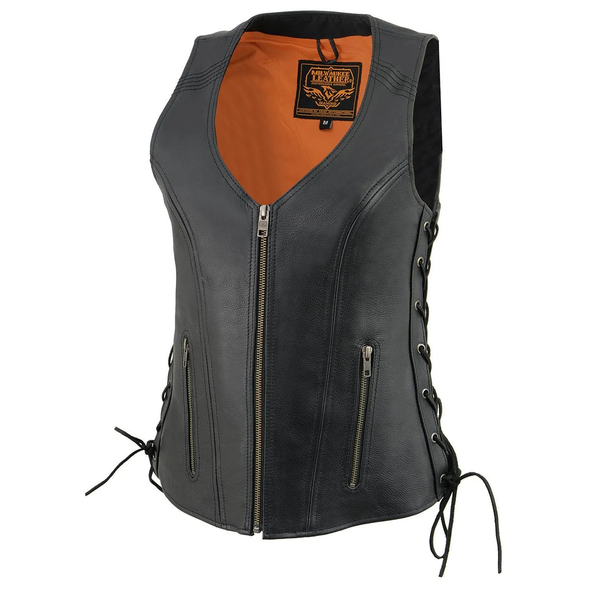 Black MLL4531 Women's Black Leather Open V-Neck Side Lace Stitching Detail Motorcycle Rider Vest