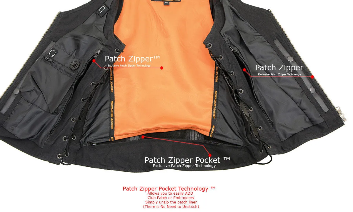 Black MLL4531 Women's Black Leather Open V-Neck Side Lace Stitching Detail Motorcycle Rider Vest