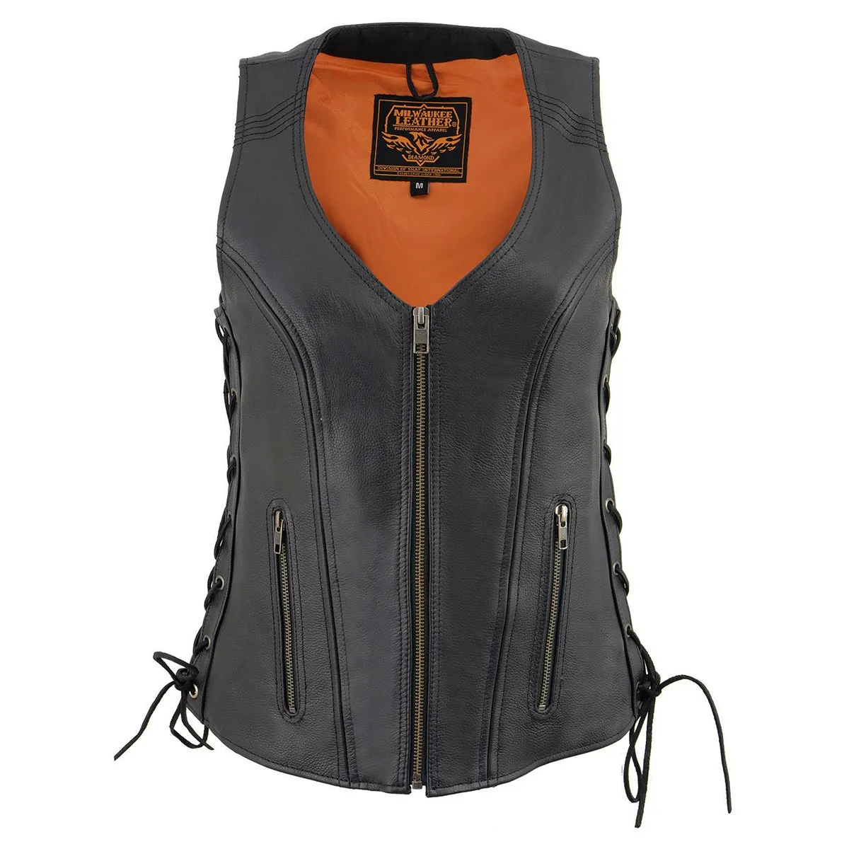 Black MLL4531 Women's Black Leather Open V-Neck Side Lace Stitching Detail Motorcycle Rider Vest