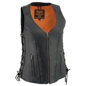 Black MLL4531 Women's Black Leather Open V-Neck Side Lace Stitching Detail Motorcycle Rider Vest