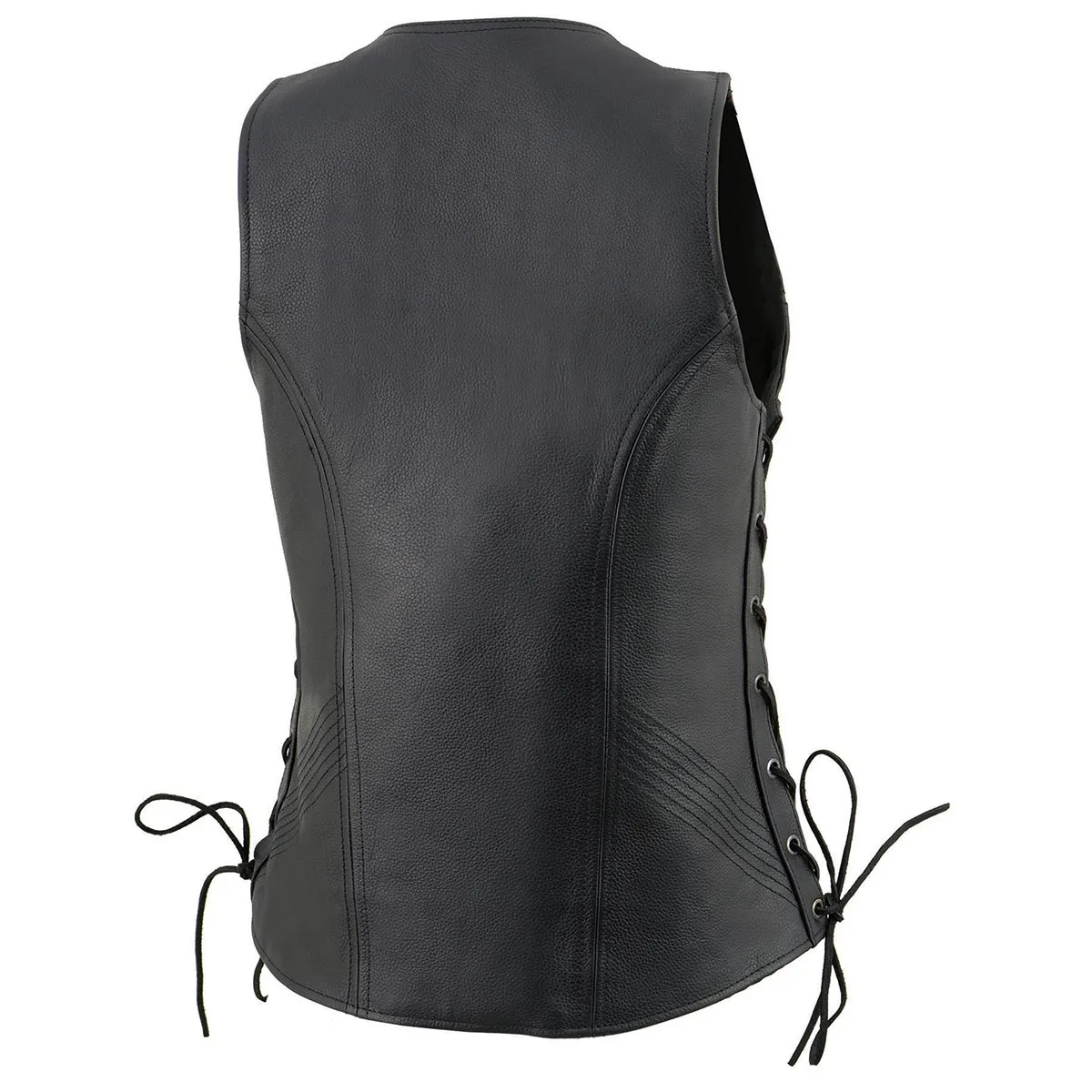 Black MLL4531 Women's Black Leather Open V-Neck Side Lace Stitching Detail Motorcycle Rider Vest
