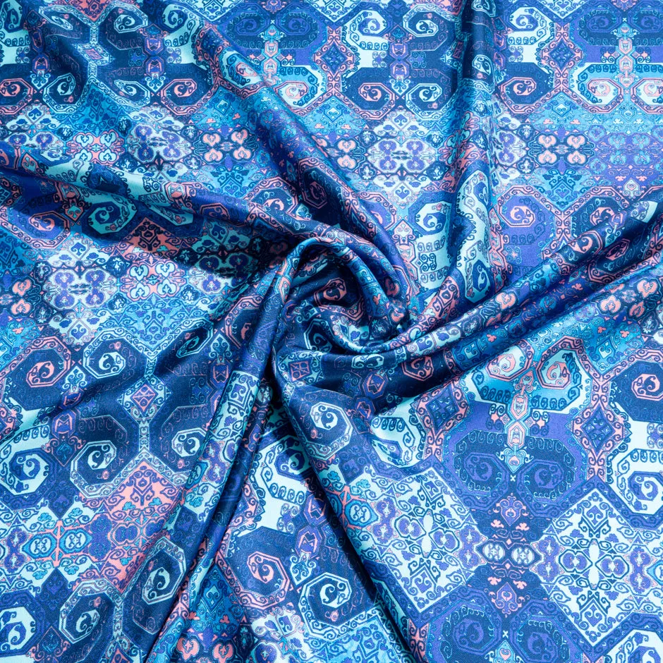 Blue Geometric Printed Pure Silk Twill