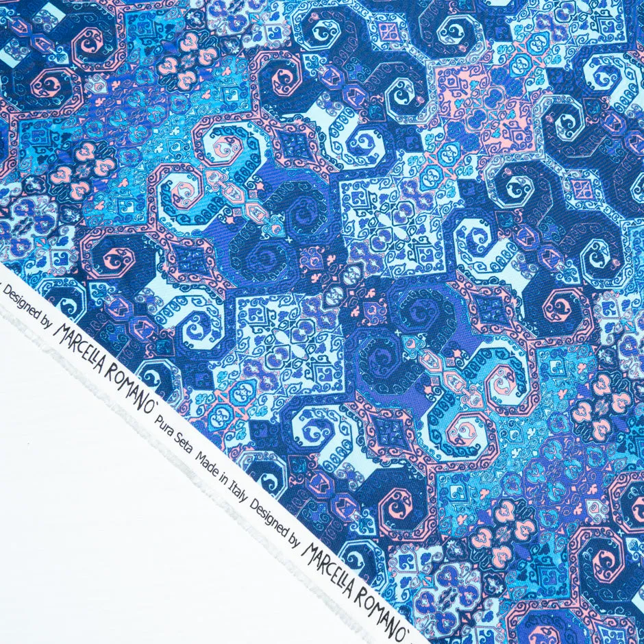 Blue Geometric Printed Pure Silk Twill