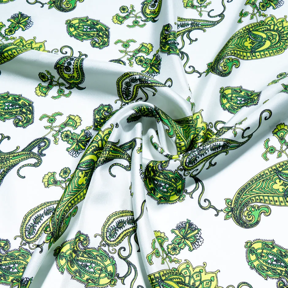 Bright Green Paisley Printed Pure Silk Twill