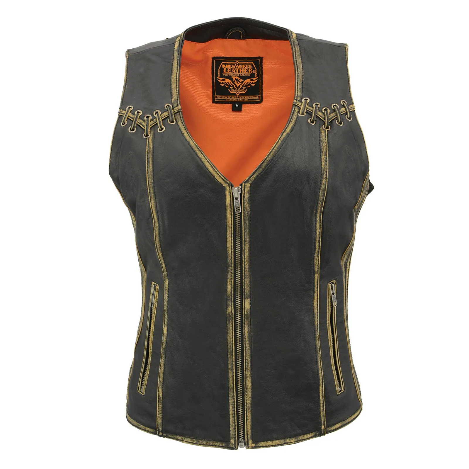 BROWN MLL4527 Women's Distress Brown Leather Motorcycle Rider Vest- Stretch Side Panel W/ Lacing Detail