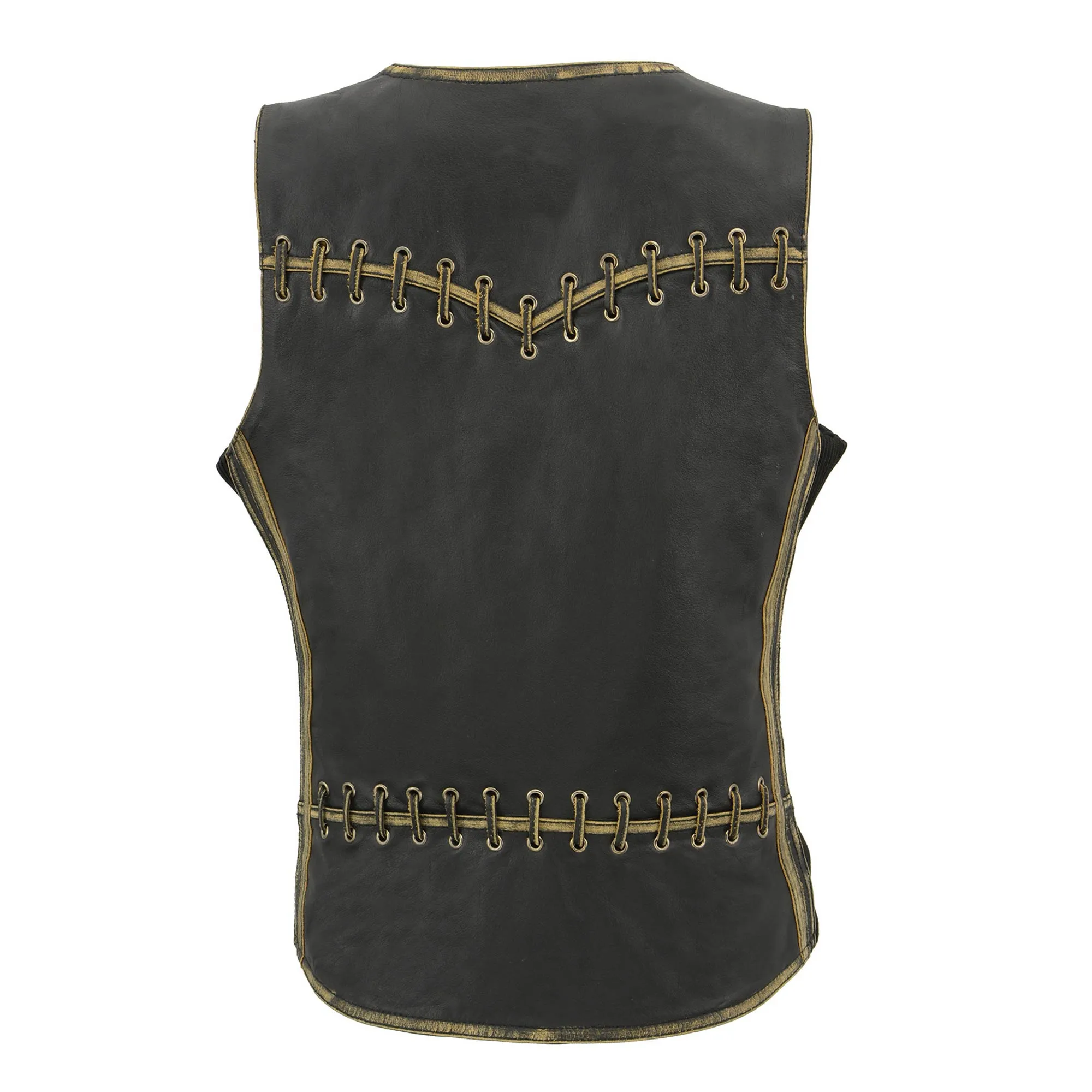 BROWN MLL4527 Women's Distress Brown Leather Motorcycle Rider Vest- Stretch Side Panel W/ Lacing Detail