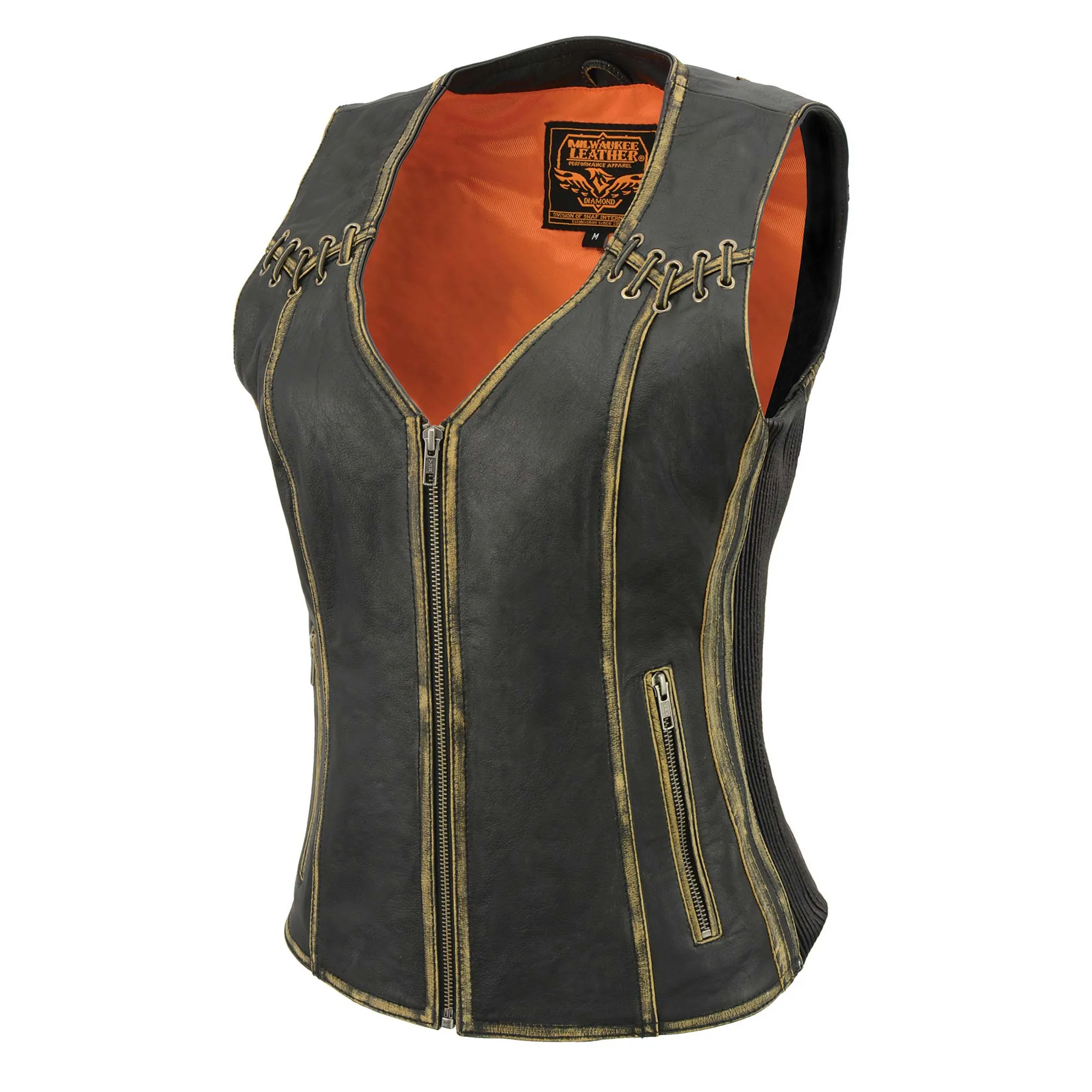 BROWN MLL4527 Women's Distress Brown Leather Motorcycle Rider Vest- Stretch Side Panel W/ Lacing Detail