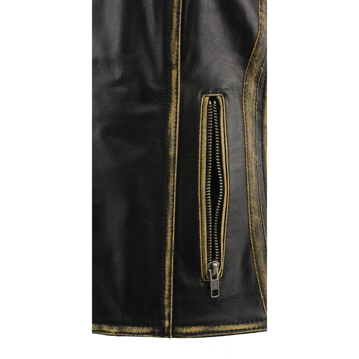 BROWN MLL4527 Women's Distress Brown Leather Motorcycle Rider Vest- Stretch Side Panel W/ Lacing Detail