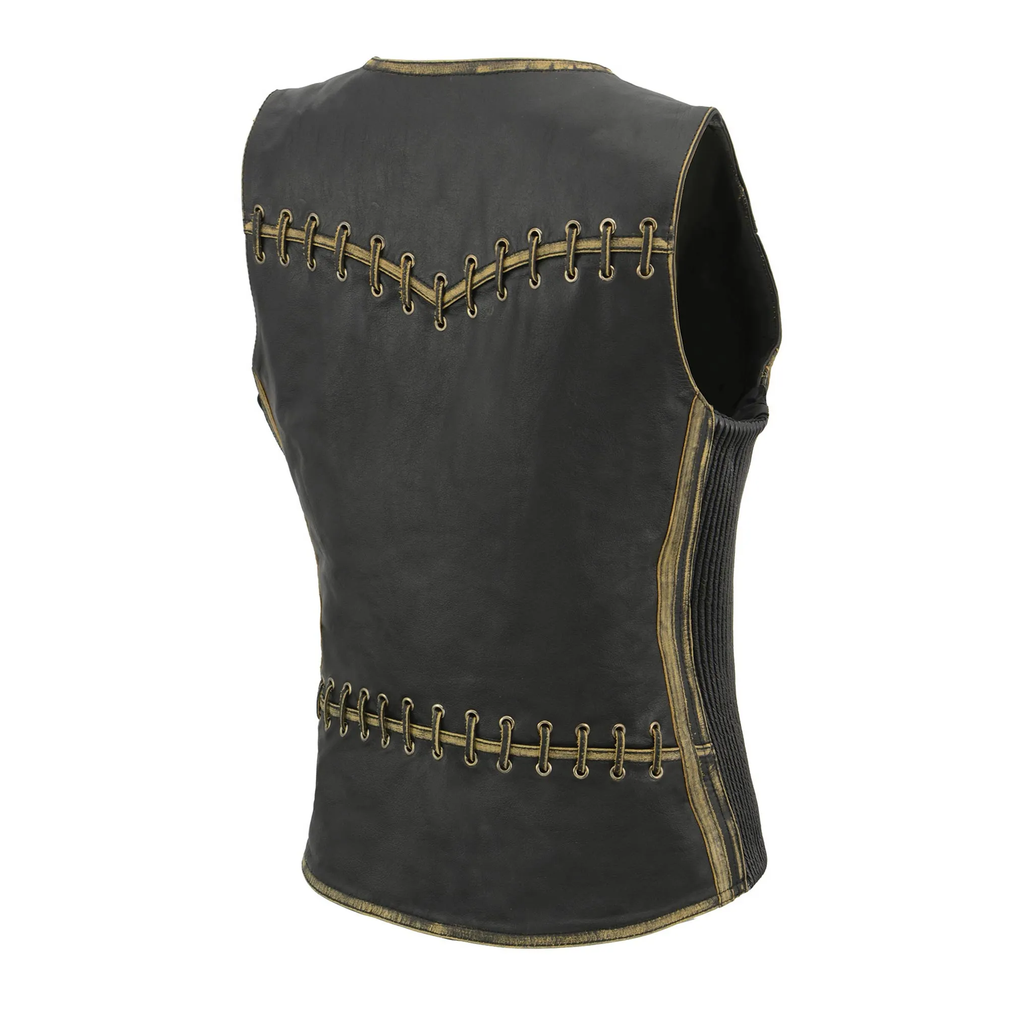 BROWN MLL4527 Women's Distress Brown Leather Motorcycle Rider Vest- Stretch Side Panel W/ Lacing Detail
