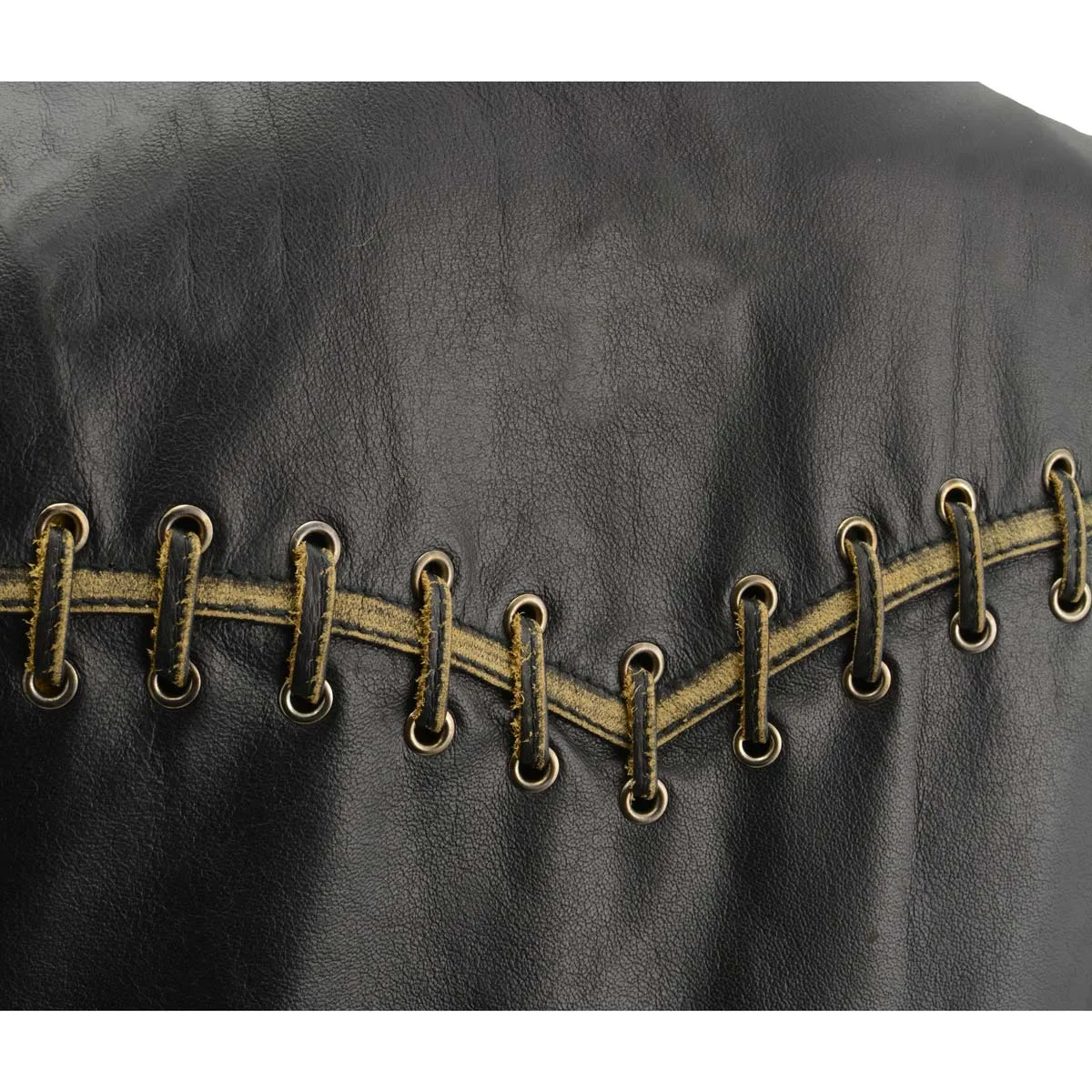 BROWN MLL4527 Women's Distress Brown Leather Motorcycle Rider Vest- Stretch Side Panel W/ Lacing Detail