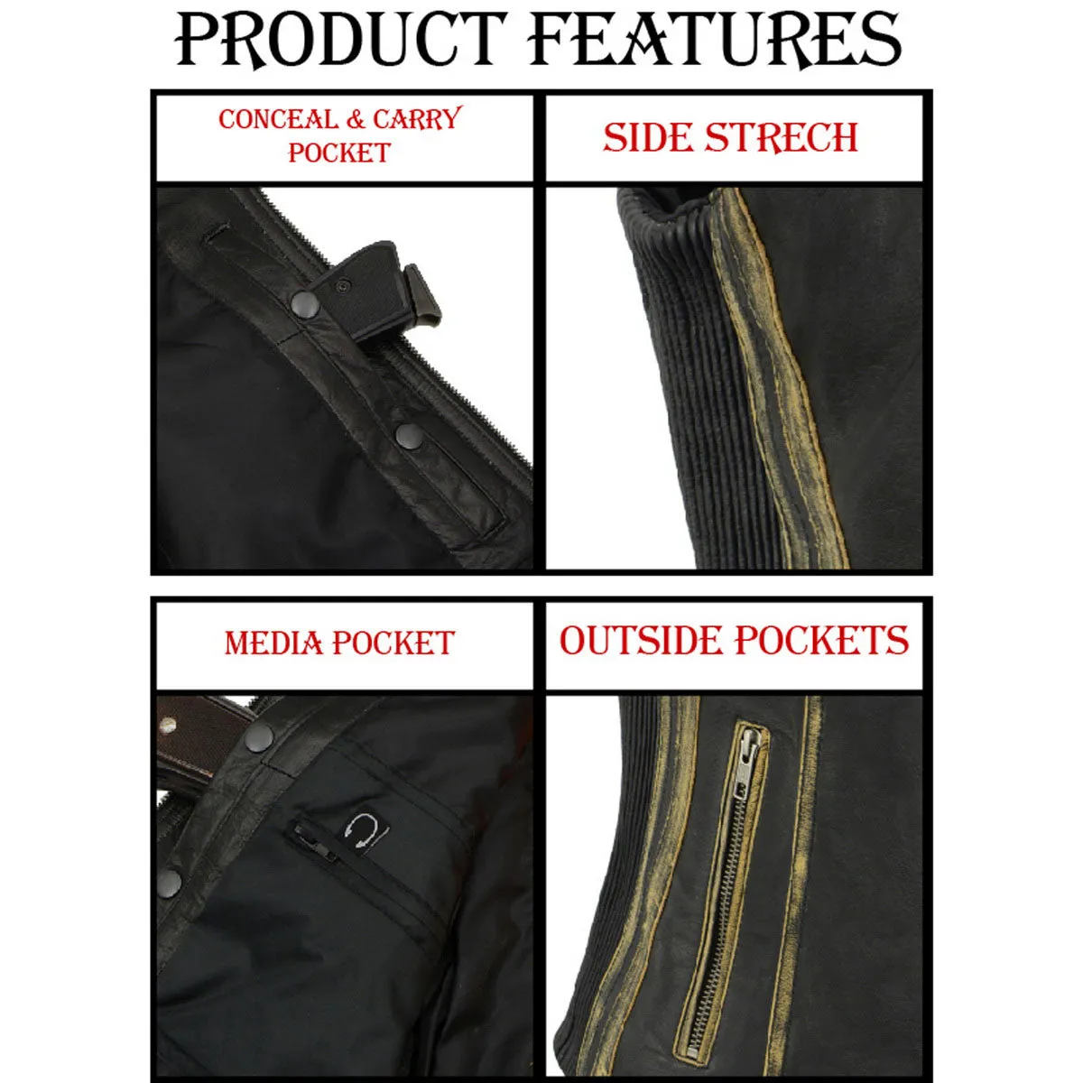 BROWN MLL4527 Women's Distress Brown Leather Motorcycle Rider Vest- Stretch Side Panel W/ Lacing Detail