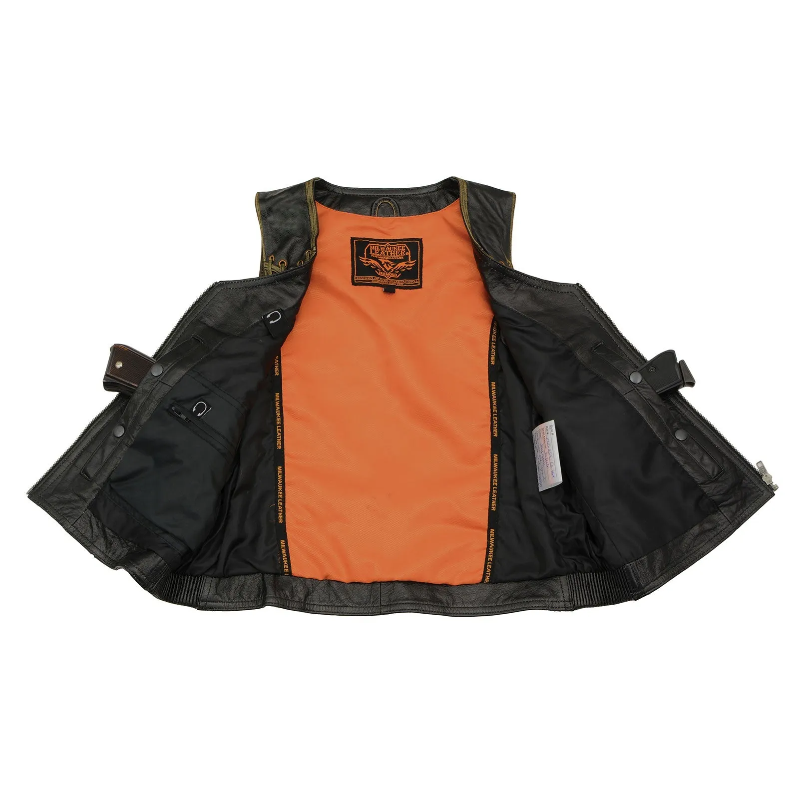 BROWN MLL4527 Women's Distress Brown Leather Motorcycle Rider Vest- Stretch Side Panel W/ Lacing Detail